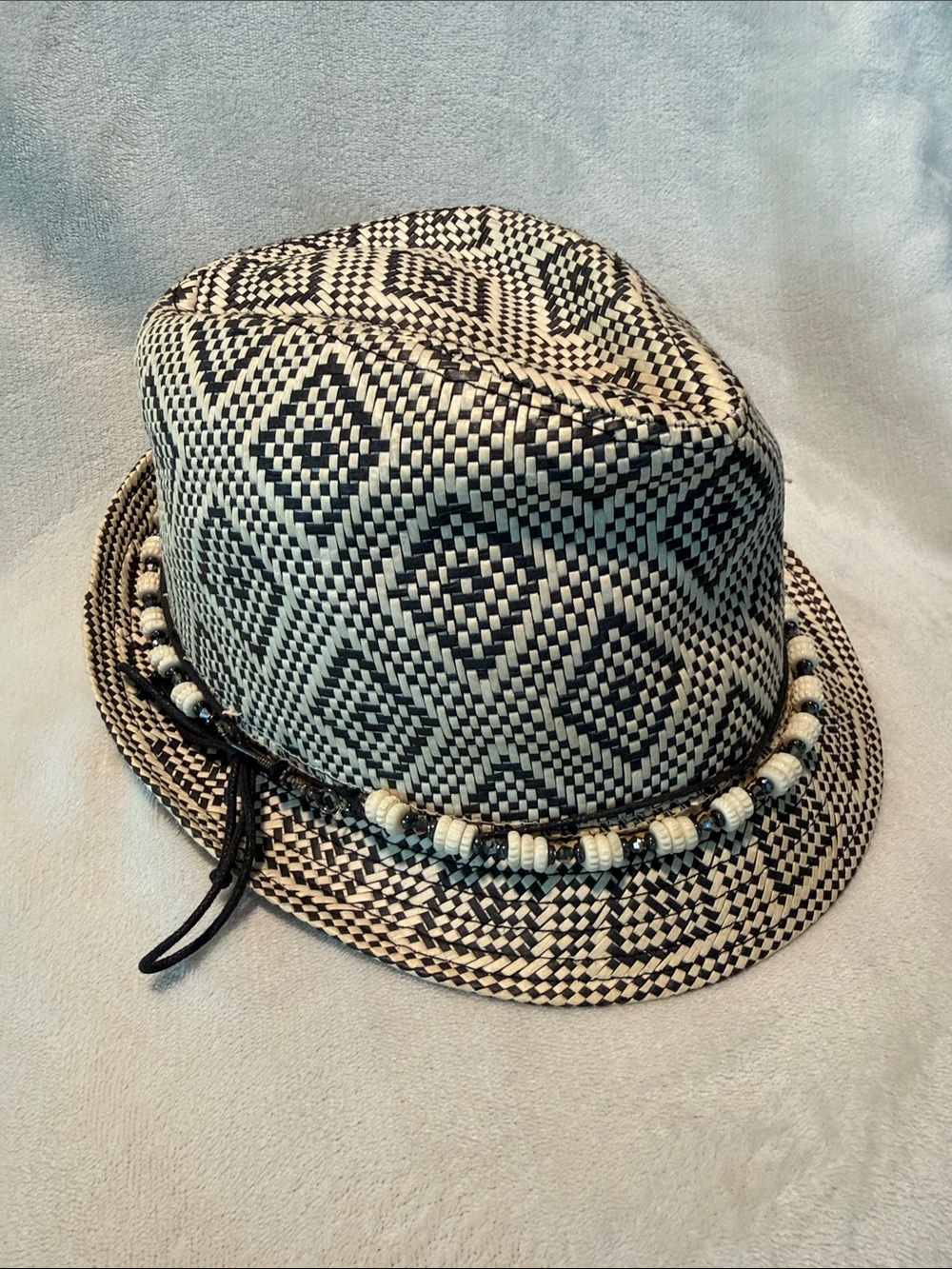 Source Unknown Black & White Woven Fedora with Beaded Band